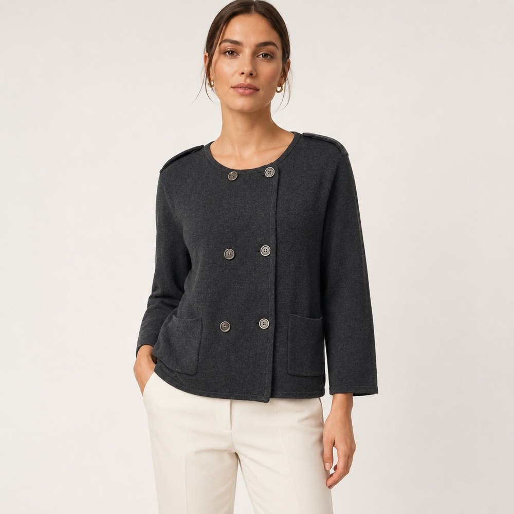 LOFT Cardigan Large Gray Double Breasted Cotton Minimalist Military Capsule